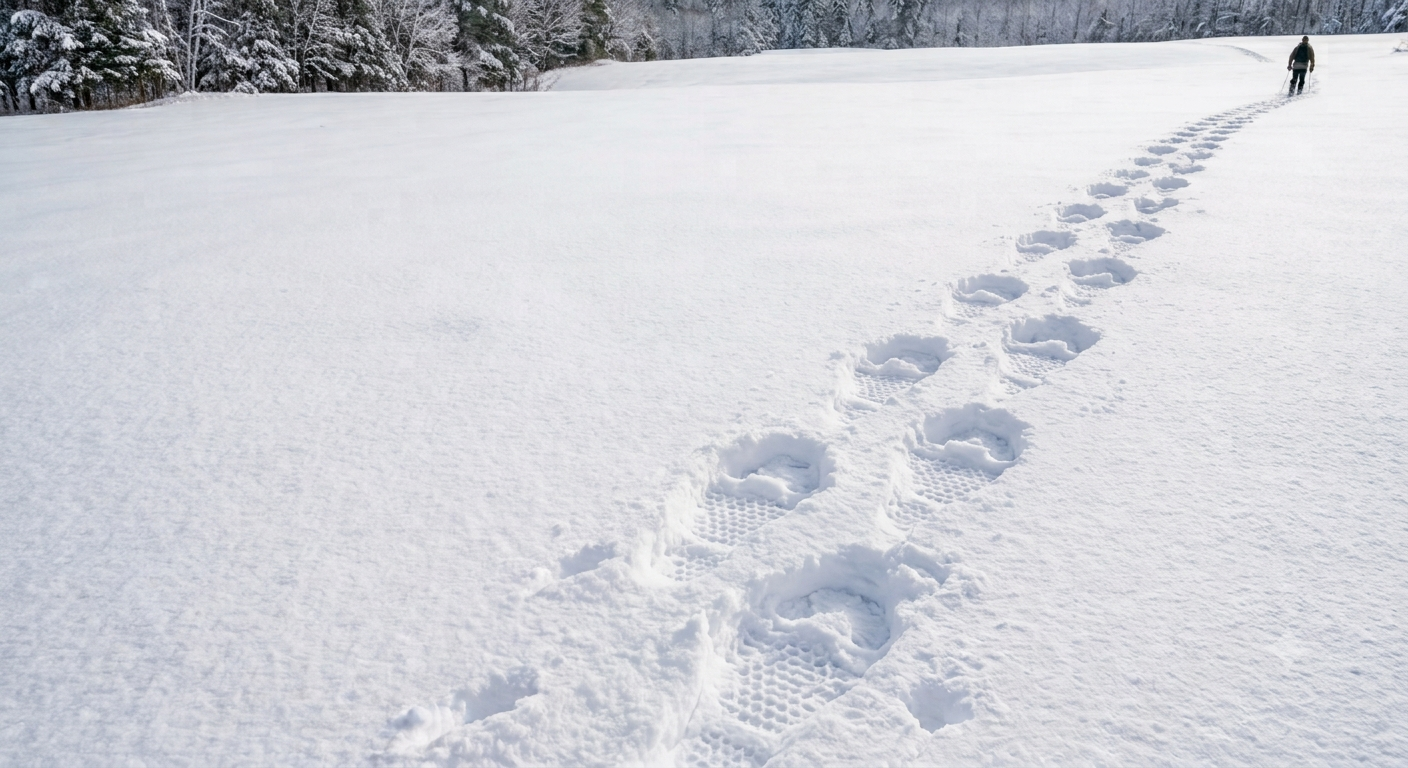 AI-generated image of snowshoe tracks in fresh powder