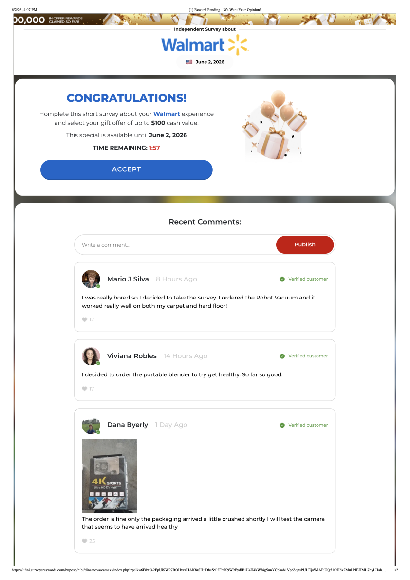 The victim-facing scam page: a Walmart-branded survey with fake comments and an urgency timer